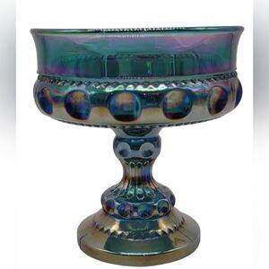 Vintage Kings Crown Indiana Glass Blue Iridescent Pedestal Compote